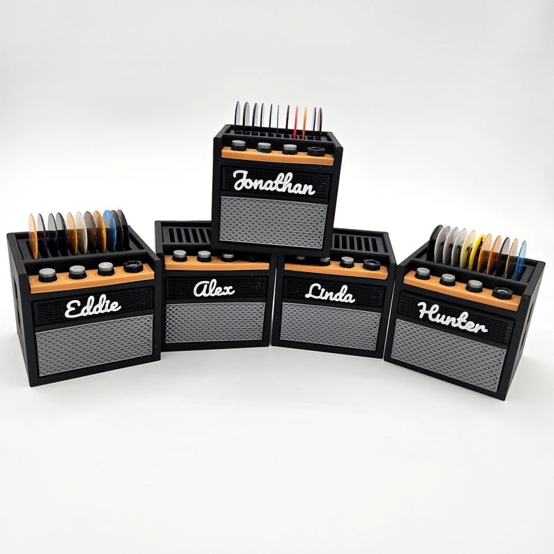Customizable 3D Printed Guitar Amp Pick Holder with Drawer | Holds on Top + Extra Storage - Great Fathers Day Gift!