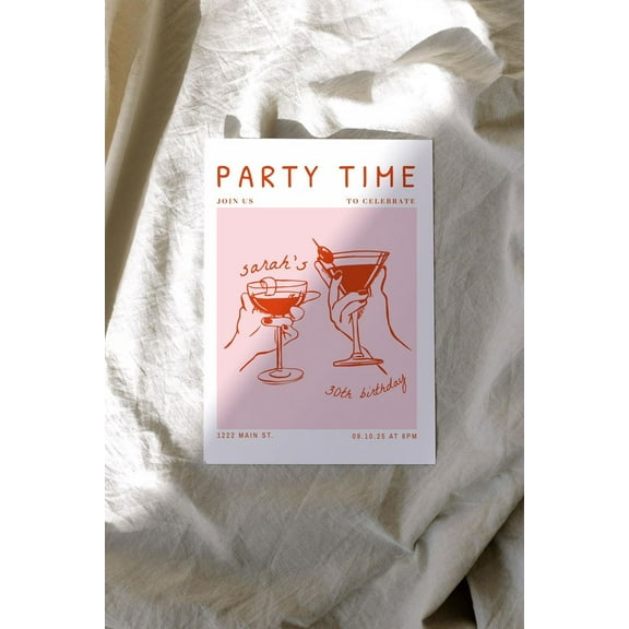 Customizable Birthday Invitation Card Stylish Party Time Design for 30th Birthday Celebration Includes RSVP Details Perfect for Fun and Elegant Gatherings