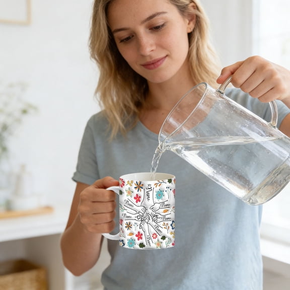 Customizable Ceramic Mug with Hand Illustration and Personal Names Floral Pattern Ideal for Mother Grandma or Wife for Birthday Mother Day or Everyday Gift F