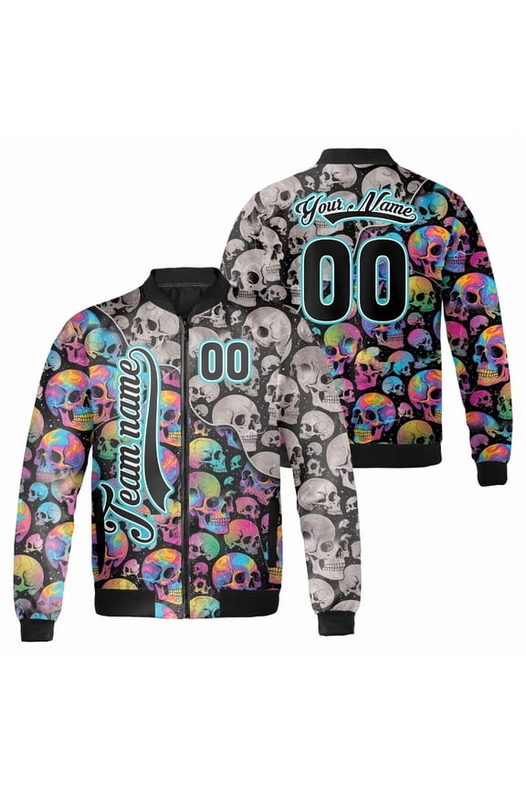 Customizable Colorful Skull Bomber Jacket – Personalized Team Name & Number – Stylish Streetwear for Men & Women