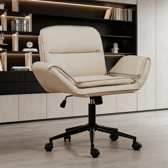 Customizable Comfort! Criss Cross Chair with 5-Gear Adjustable Armrests - Ergonomic Thickened Backrest Swivel Chair with Wheels for Home Office, Vanity, Beige PU