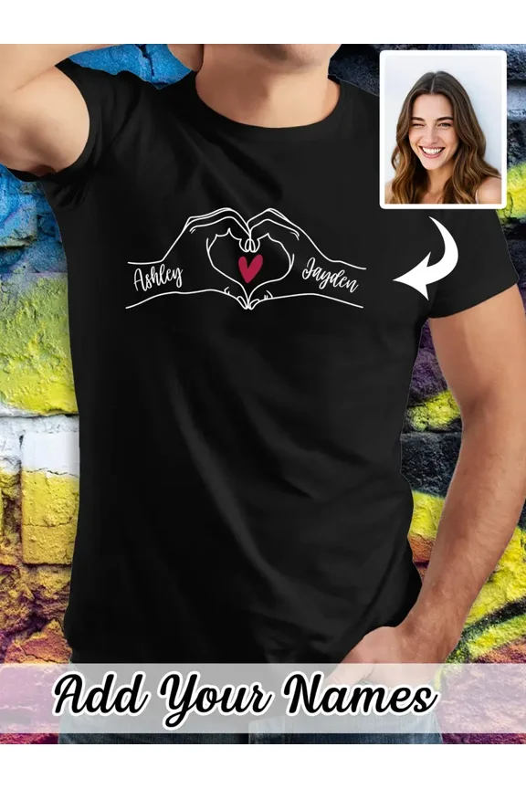 Customizable "Holding Hands" Name T-Shirt - Personalized 100% Cotton Short Sleeve Tee for Men and Women - Ideal Valentine's Day or Birthday Gift, Add Your Names for a Unique