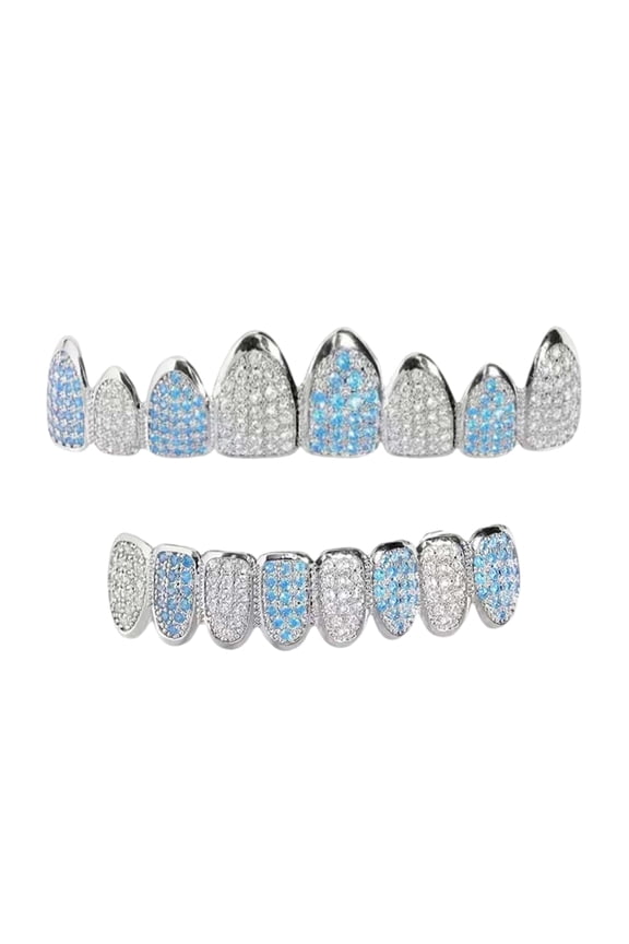 Customizable Metal Mouth Grillzs With Blue White Zircon Stones Perfect For Cosplay Evening Activities