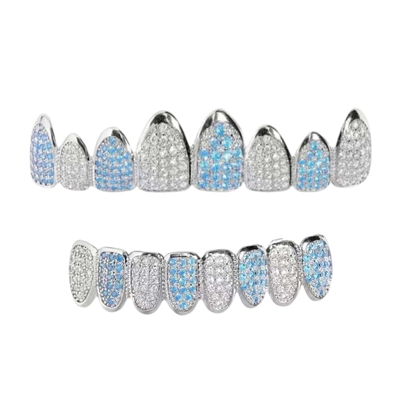 Customizable Metal Mouth Grillzs With Blue White Zircon Stones Perfect For Cosplay Evening Activities