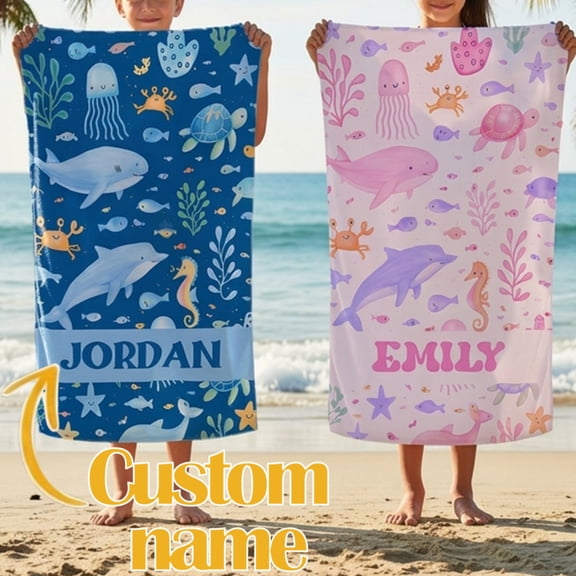 Customizable Name Beach Towel, Absorbent Quick Dry Marine Animal Printed Towel for Outdoor Swimming Camping Trip