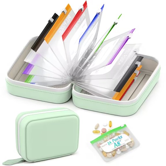 Customizable Personalized Large Weekly Pill Organizer Set  A8 Waterproof Pill Bag with 14 Color-Coded Reusable Medicine Storage Bags, Zippered Travel Case for Fish Oil, Vitamins & Supplements