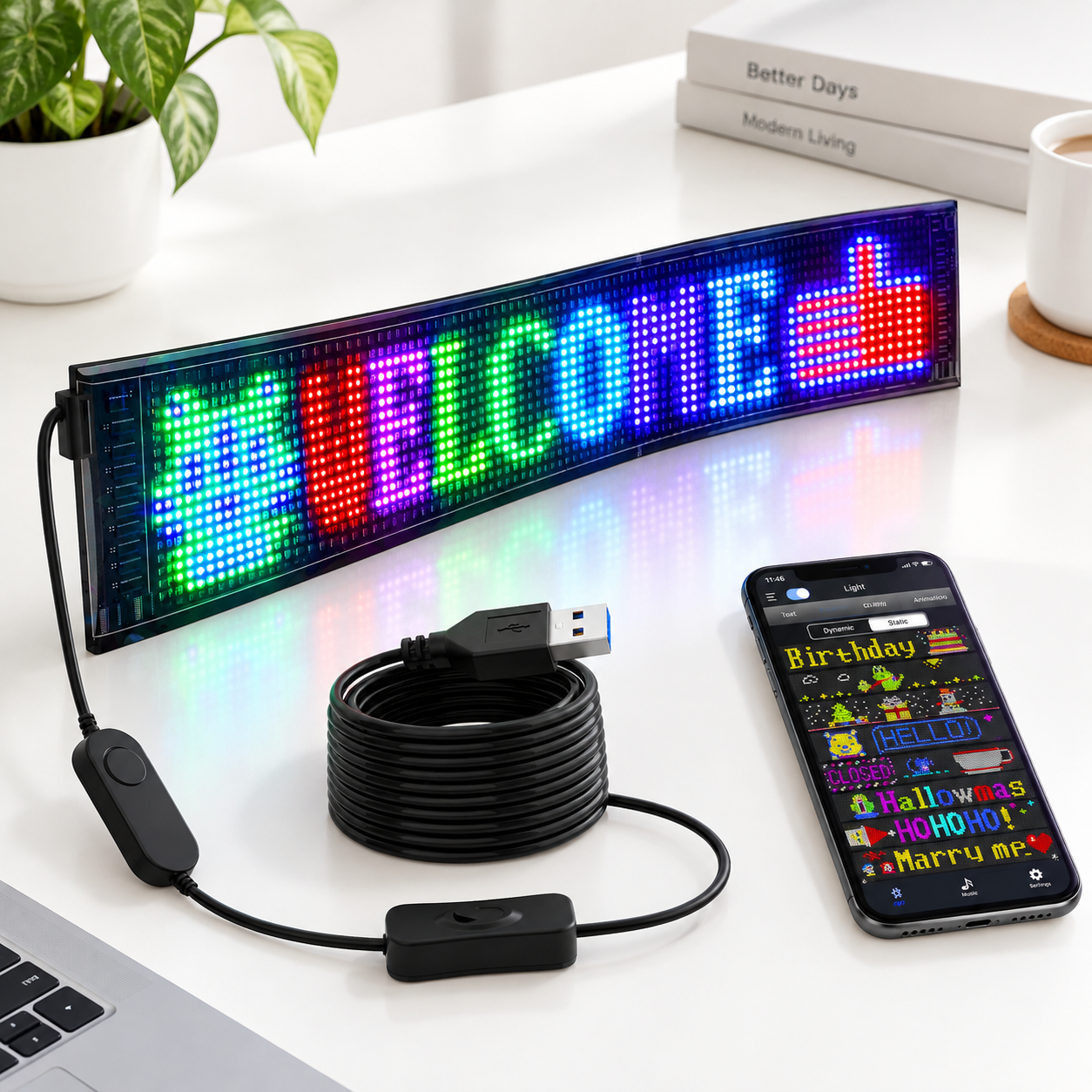 Customizable Scrolling LED Advertising Sign, 27''x5'', Flexible 5V USB ...