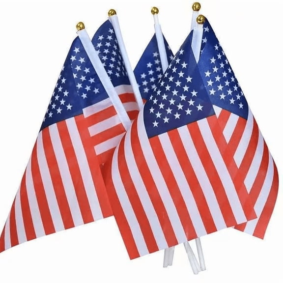 Customizable Small American Flag, 14x21 Inch Polyester Banner with 30cm Plastic Pole and Gold Pointed Top, for Parades Outdoor Celebrations and 4th of July