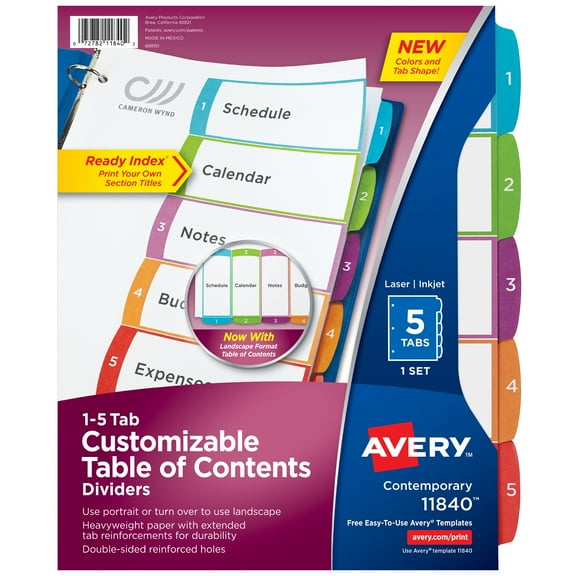Avery Ready Index Table of Contents Dividers Multicolor Tabs 1-5 Letter 11840