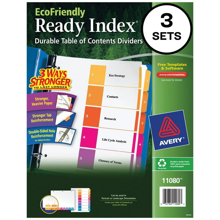 Customizable Table of Contents Ready Index Dividers with Multicolor Tabs, 5-Tab, 1 to 5, 11 x 8.5, White, 3 Sets