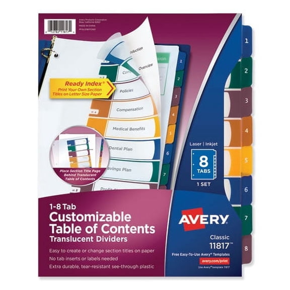 "Customizable Table Of Contents Ready Index Dividers With Multicolor Tabs, 8-Tab, 1 To 8, 11 X 8.5, Translucent, 1 Set | Bundle of 2 Sets"