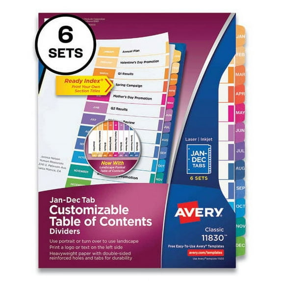 "Customizable Table Of Contents Ready Index Multicolor Dividers, 12-Tab, Jan. To Dec., 11 X 8.5, 6 Sets | Bundle of 10 Packs"