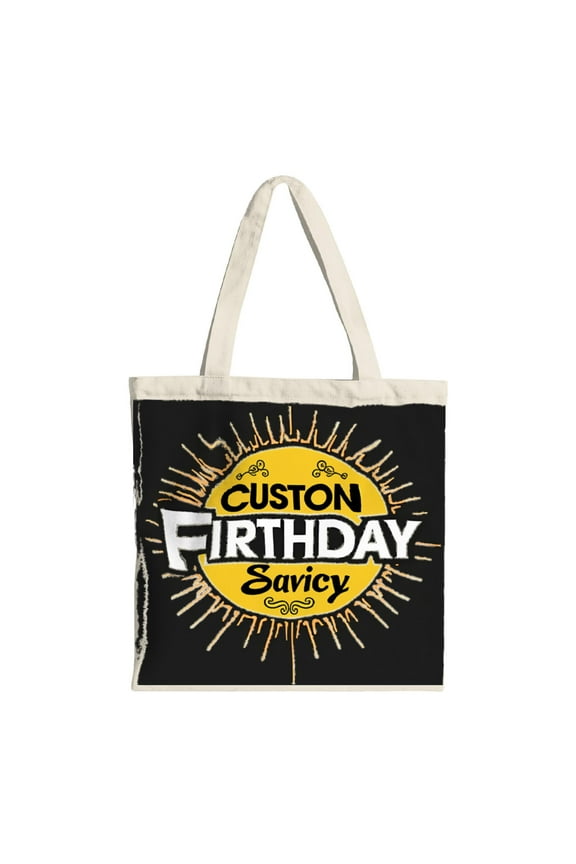 Customizable Tote Bag - Black Canvas with Bold White ' CUSTOM ' & ' FIRTHDAY ' Text Yellow Design Perfect for Parties Travel & Shopping