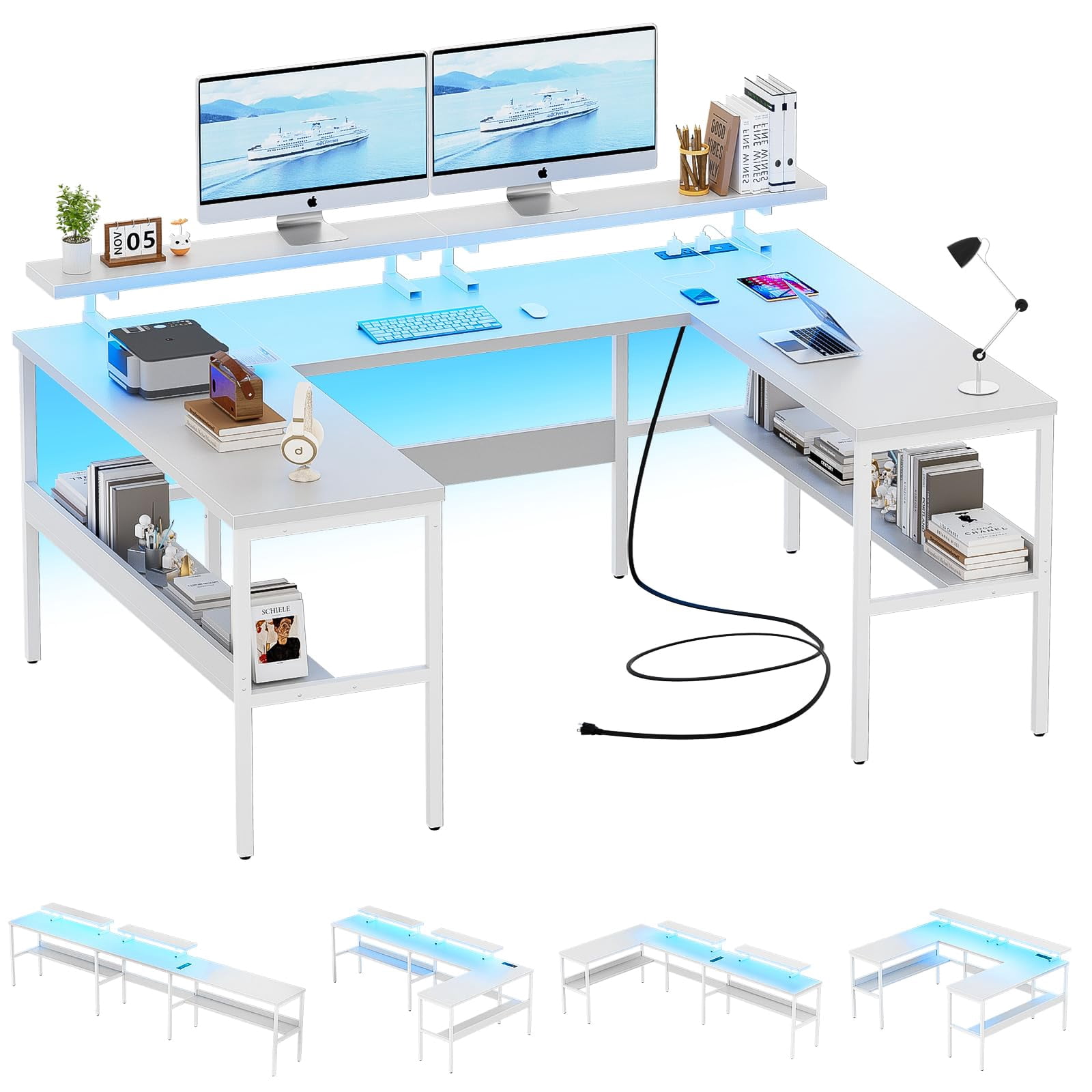 Customizable U L Shaped Computer Desk with RGB LED Lights, Adjustable ...