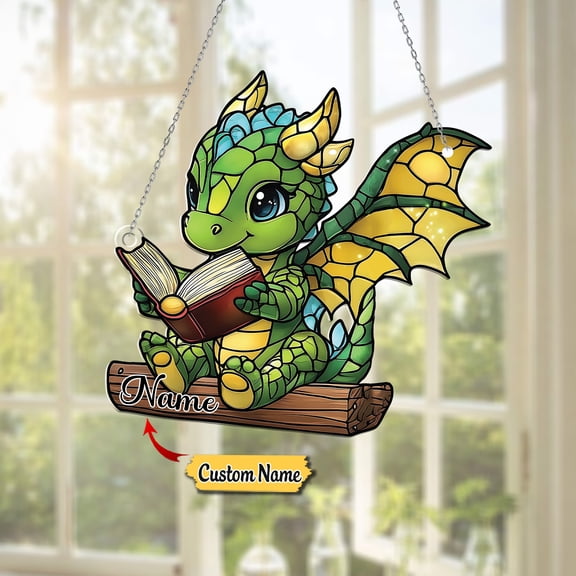 Customizable Window Hanging Acrylic 2D, Dragon Reading Book Design, Personalized Name Décor for Home, Kids Room, Car Decoration, Unique Gift for Family and Friends