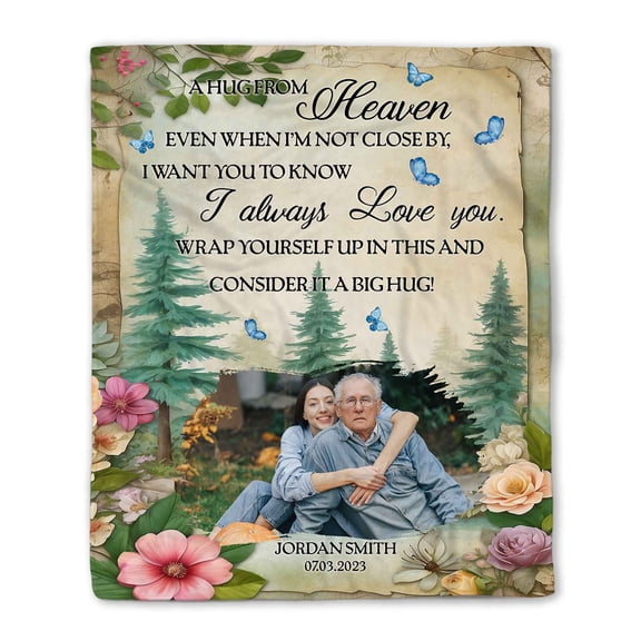 Customizaholic A Hug From Heaven Personalized Memorial Blanket, Sympathy Gift with Photo, In Loving Memory Remembrance Throw