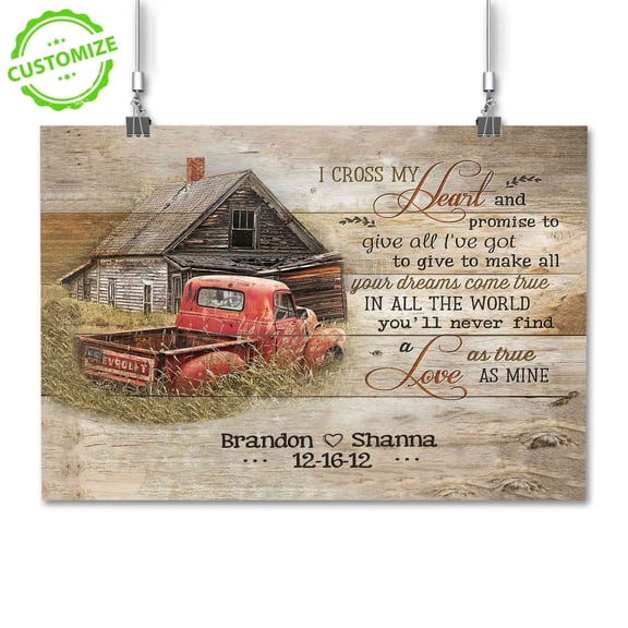 Customizaholic Couple Name and Date Canvas, Rustic Love Wall Art with Red Truck and Barn, I Cross My Heart Quote, Personalized Anniversary or Wedding Gift