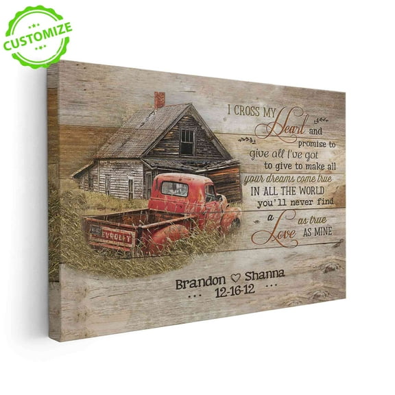 Customizaholic Couple Name and Date Canvas, Rustic Love Wall Art with Red Truck and Barn, I Cross My Heart Quote, Personalized Anniversary or Wedding Gift
