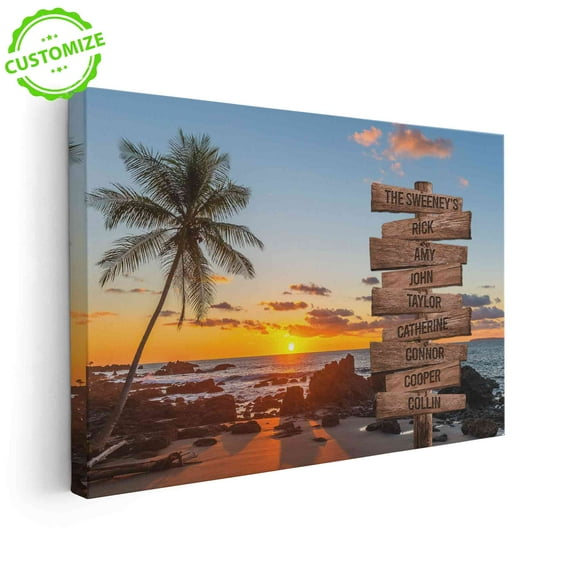 Customizaholic Custom Beach Sign Canvas, Personalized Family Name Wall Art, Tropical Sunset Vacation Gift, Ocean Coastal Home Decor, Family Keepsake