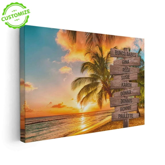 Customizaholic Custom Beach Sign Canvas, Personalized Sunset Beach Wall Art, Girls Trip Gift, Best Friend Group Gift, Vacation Keepsake, Bunco Babes Decor
