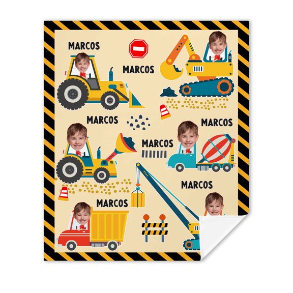 Customizaholic Custom Construction Truck Blanket with Photo & Name, Personalized Excavator Gift for Boys