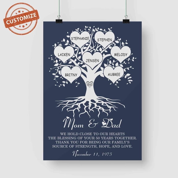 Customizaholic Custom Family Tree Canvas, Personalized Anniversary Gift for Parents, Heart Name Tree Wall Art, Gift for Mom and Dad, Gift from Kids
