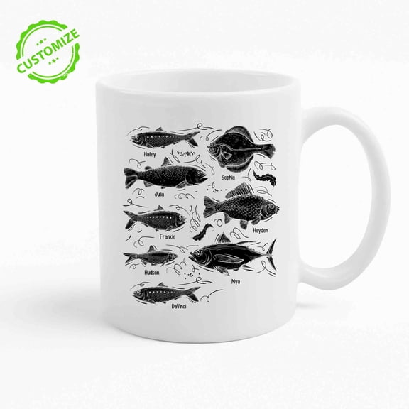 Customizaholic Custom Fishing Family Mug, Personalized Fish Name Mug, Gift for Grandpa or Dad, Funny Fisherman Coffee Mug, Custom Names Fishing Mug, Gift for Him, Gift from Kids
