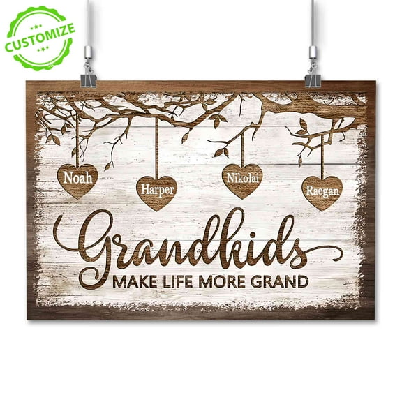 Customizaholic Custom Grandkids Name Sign, Personalized Grandchildren Canvas, Grandkids Make Life More Grand Sign, Gift for Grandma and Grandpa, Rustic Family Wall Art, Custom Heart Name Canvas