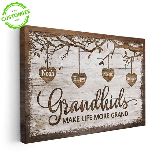 Customizaholic Custom Grandkids Name Sign, Personalized Grandchildren Canvas, Grandkids Make Life More Grand Sign, Gift for Grandma and Grandpa, Rustic Family Wall Art, Custom Heart Name Canvas