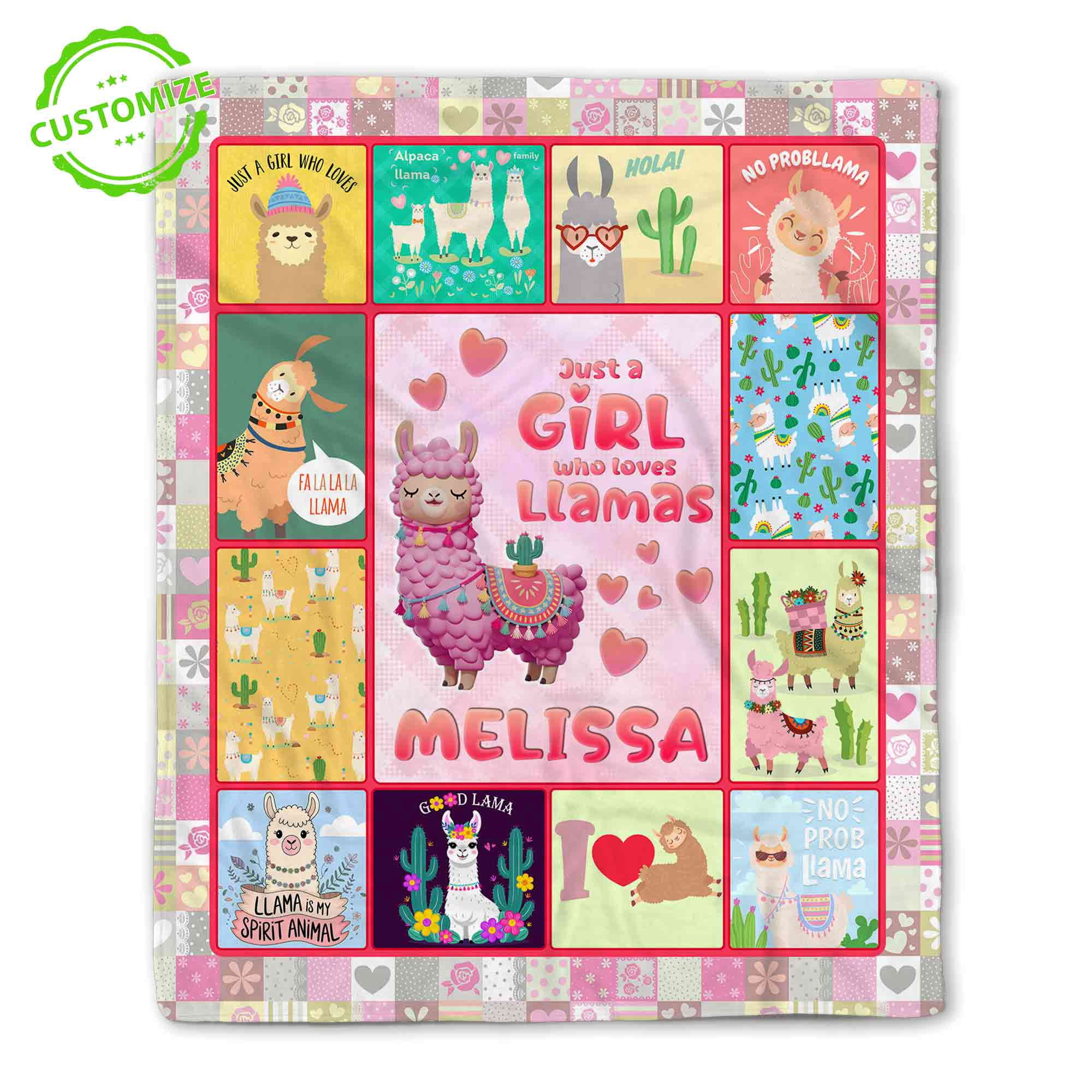 Customizaholic Custom Name Llama Lover Blanket, Colorful Patchwork Design with Cute Llama Illustrations, Hearts, Cactus, and Fun Quotes for Girls and Women