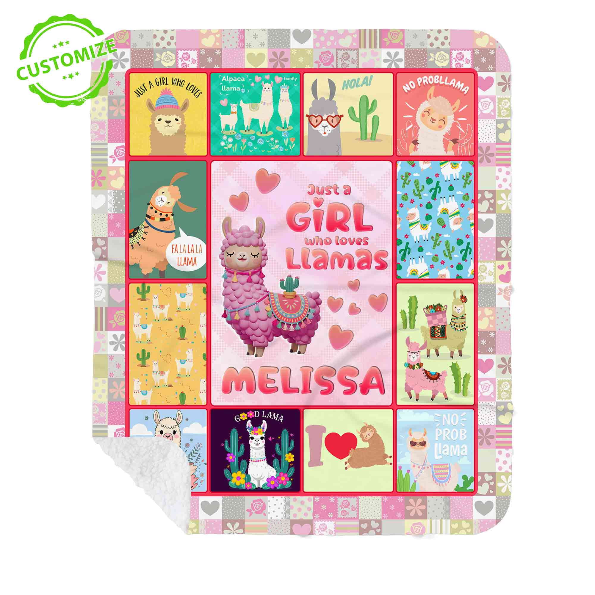 Customizaholic Custom Name Llama Lover Blanket, Colorful Patchwork Design with Cute Llama Illustrations, Hearts, Cactus, and Fun Quotes for Girls and Women
