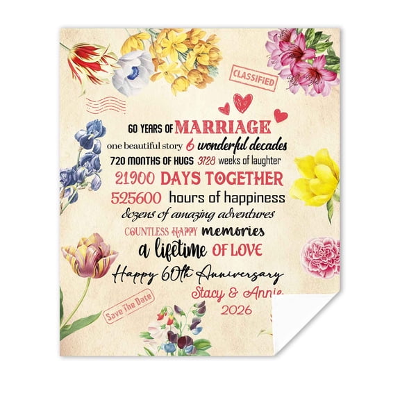 Customizaholic Personalized 60th Wedding Anniversary Blanket, Custom Names & Year Fleece Throw, 60 Years of Marriage Keepsake, Diamond Anniversary Gift