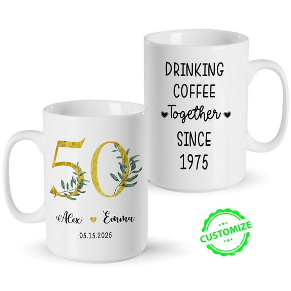 Customizaholic Personalized Anniversary Mug – Custom Names & Date – “Drinking Coffee Together Since” Cup – Golden 50th Anniversary Gift for Couples