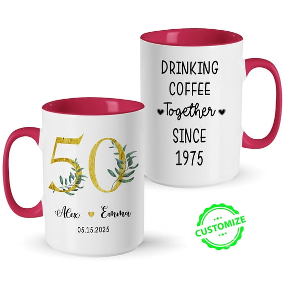 Customizaholic Personalized Anniversary Mug – Custom Names & Date – “Drinking Coffee Together Since” Cup – Golden 50th Anniversary Gift for Couples