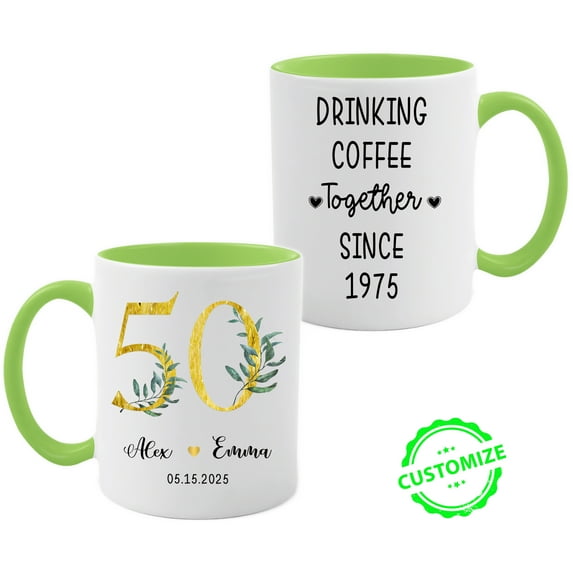 Customizaholic Personalized Anniversary Mug – Custom Names & Date – “Drinking Coffee Together Since” Cup – Golden 50th Anniversary Gift for Couples