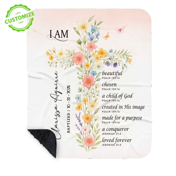 Customizaholic Personalized Baptism Blanket – Floral Cross Christian Scripture Throw with Name & Date – Faith Gift for Women & Girls