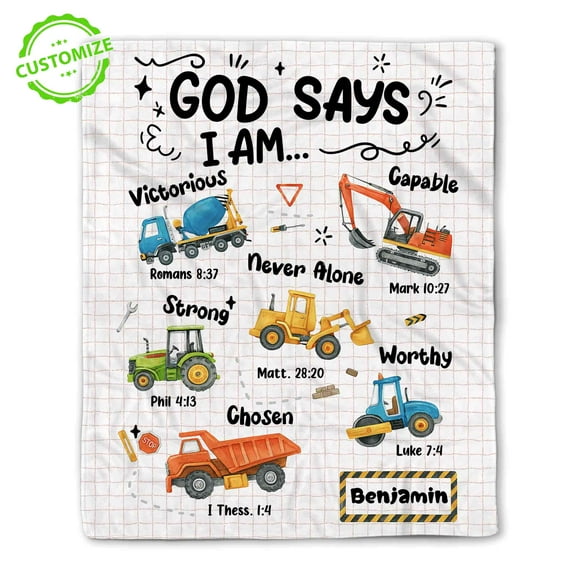 Customizaholic Personalized Bible Verse Blanket for Kids – God Says I Am – Custom Name Construction Truck Christian Gift – Encouraging Scripture Throw