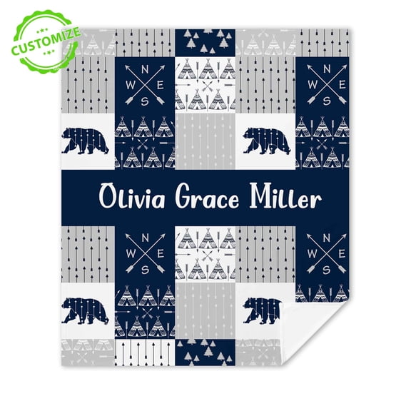 Customizaholic Personalized Boho Adventure Blanket – Custom Name – Tribal Arrows, Bear & Teepee Pattern – Unique Gift for Nature Lovers & Rustic Décor
