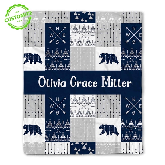 Customizaholic Personalized Boho Adventure Blanket – Custom Name – Tribal Arrows, Bear & Teepee Pattern – Unique Gift for Nature Lovers & Rustic Décor