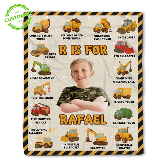Customizaholic Personalized Construction Vehicle Photo Blanket – Custom Name Heavy Equipment Theme, Custom Photo Throw Blanket Gift