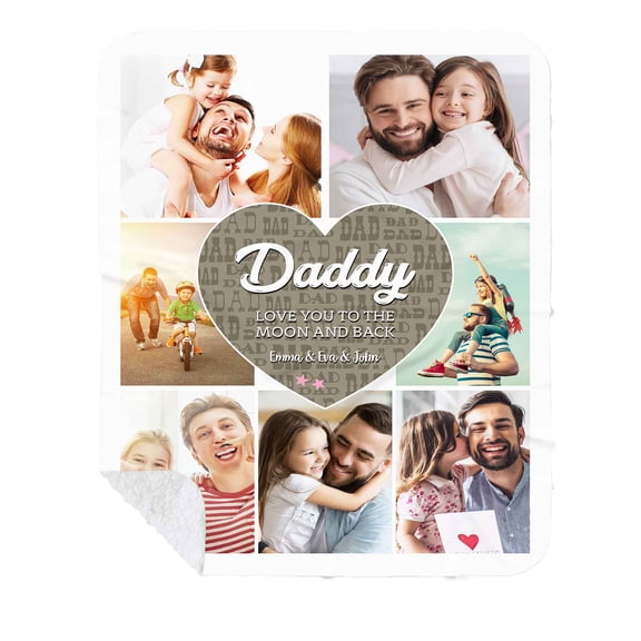 Customizaholic Personalized Daddy Photo Blanket – Love You to the Moon and Back, Custom Photo Collage Blanket, Gift for Dad