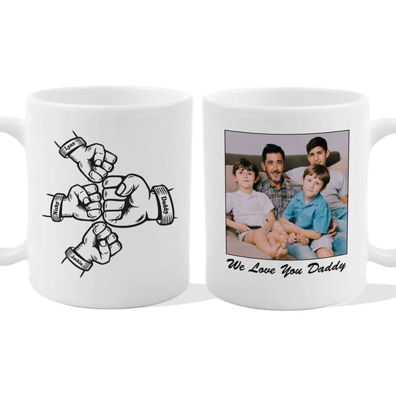 Customizaholic Personalized Daddy Photo Mug with Kids Names Fist Bump Design – Custom Father’s Day Coffee Mug Gift