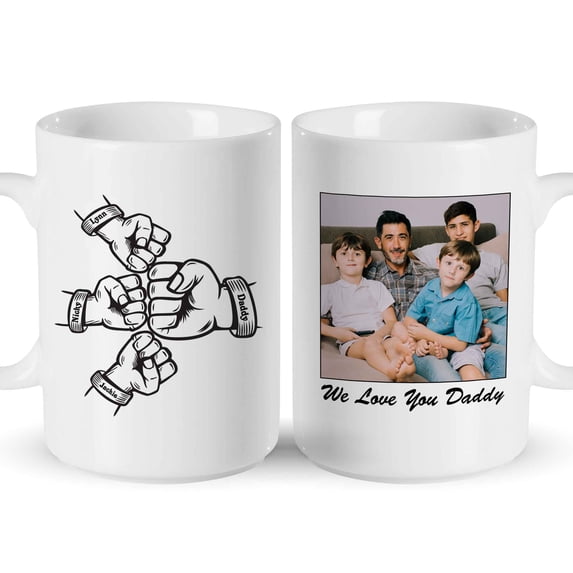 Customizaholic Personalized Daddy Photo Mug with Kids Names Fist Bump Design – Custom Father’s Day Coffee Mug Gift