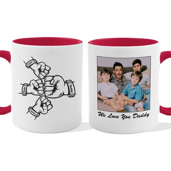 Customizaholic Personalized Daddy Photo Mug with Kids Names Fist Bump Design – Custom Father’s Day Coffee Mug Gift