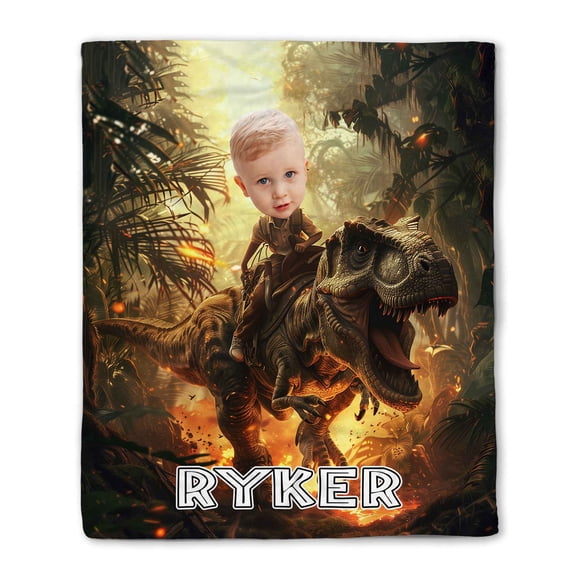 Customizaholic Personalized Dinosaur Blanket - T-Rex Riding Adventure Custom Name Throw - Fun Jurassic World Birthday Gift for Dinosaur Lovers