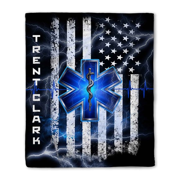 Customizaholic Personalized EMS EMT Star of Life American Flag Soft Fleece Throw Blanket for Paramedics Custom Name