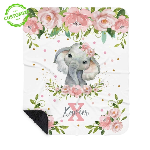 Customizaholic Personalized Elephant Name Blanket - Floral Animal Design, Custom Initial Keepsake Gift, Cute Home Decor Blanket