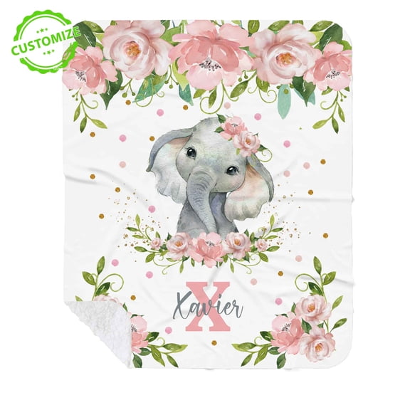 Customizaholic Personalized Elephant Name Blanket - Floral Animal Design, Custom Initial Keepsake Gift, Cute Home Decor Blanket