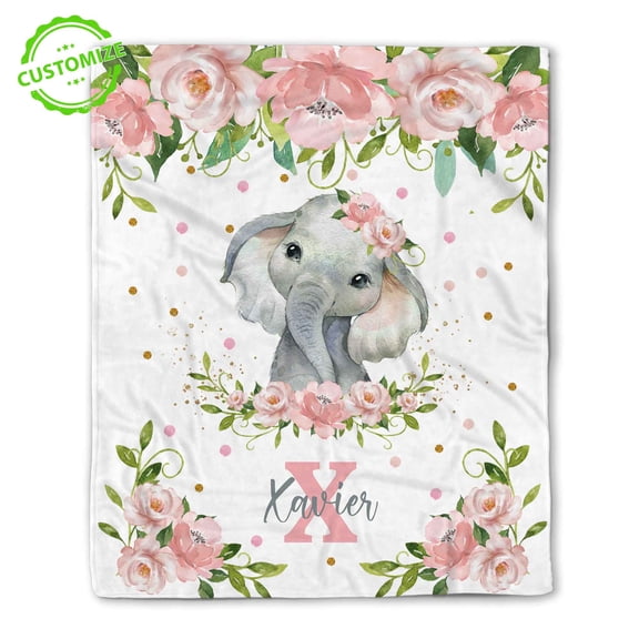 Customizaholic Personalized Elephant Name Blanket - Floral Animal Design, Custom Initial Keepsake Gift, Cute Home Decor Blanket