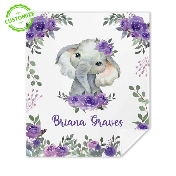 Customizaholic Personalized Elephant Name Blanket - Floral Watercolor Artwork, Custom Name Keepsake Gift, Elegant Home Decor Blanket